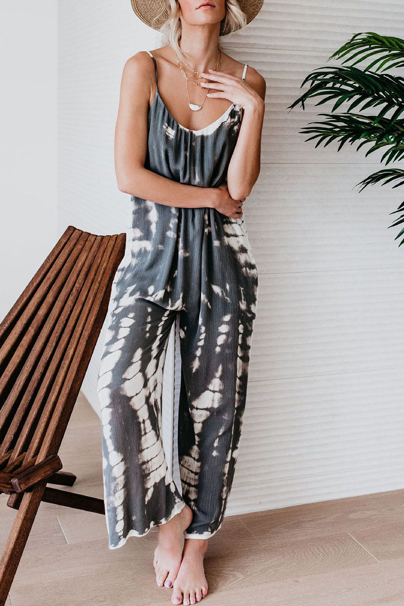 Casual Patchwork Tie-dye Spaghetti Strap Straight Jumpsuits (10 Farben)