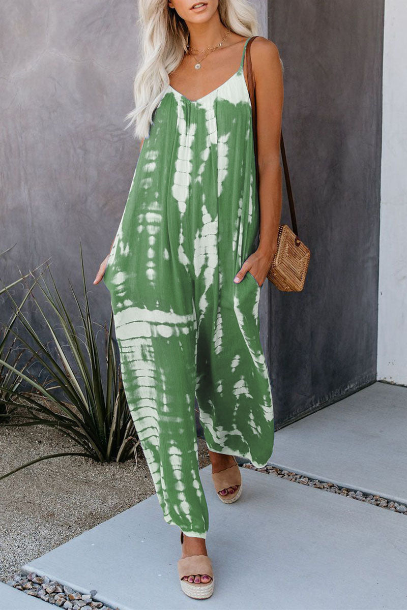 Casual Patchwork Tie-dye Spaghetti Strap Straight Jumpsuits (10 Farben)