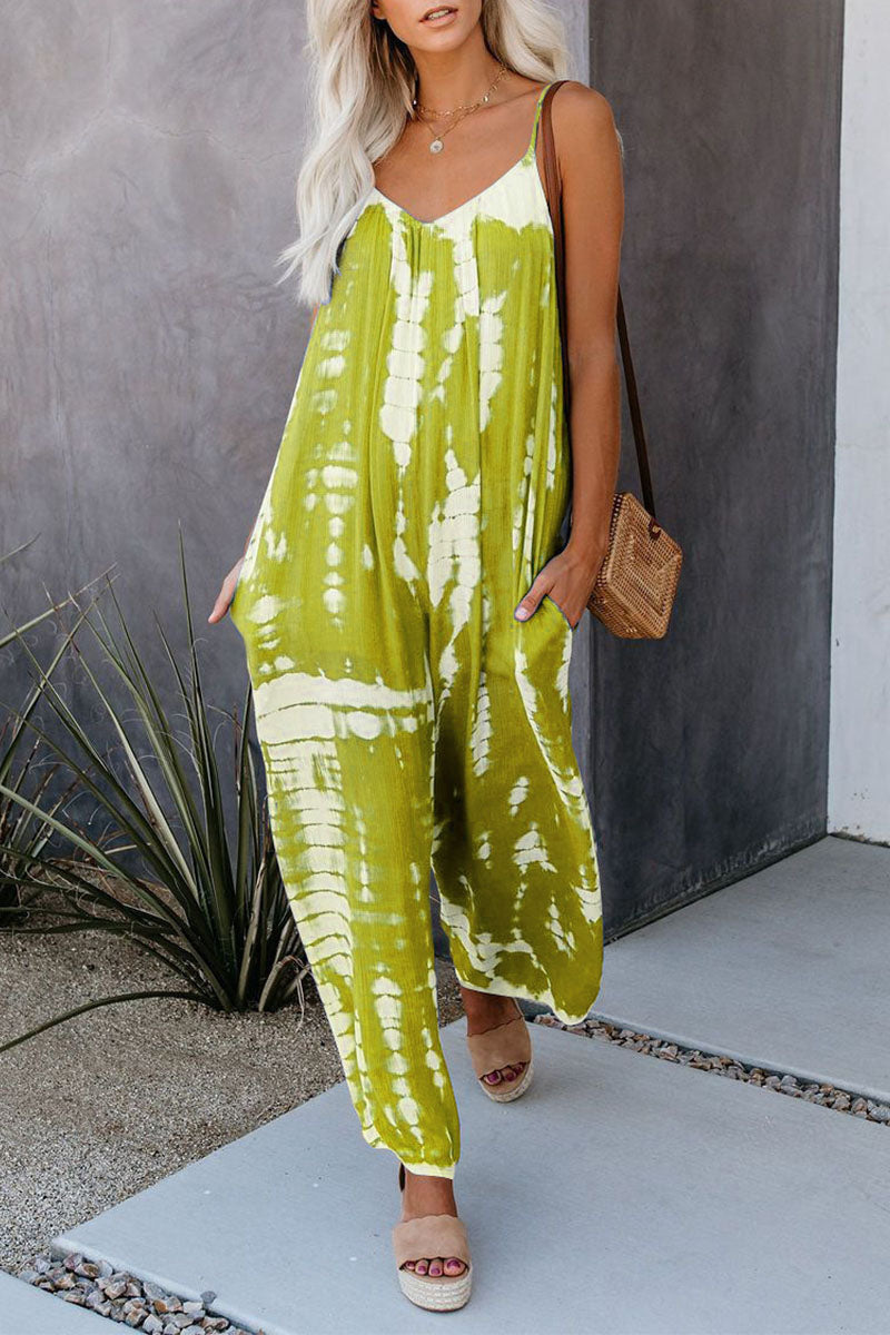Casual Patchwork Tie-dye Spaghetti Strap Straight Jumpsuits (10 Farben)