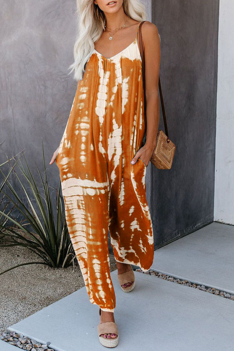 Casual Patchwork Tie-dye Spaghetti Strap Straight Jumpsuits (10 Farben)