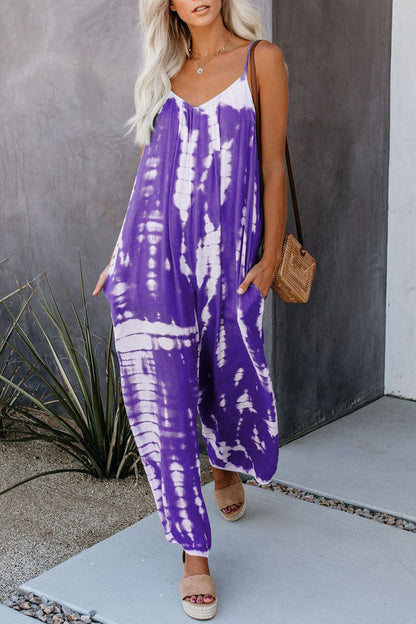 Casual Patchwork Tie-dye Spaghetti Strap Straight Jumpsuits (10 Farben)