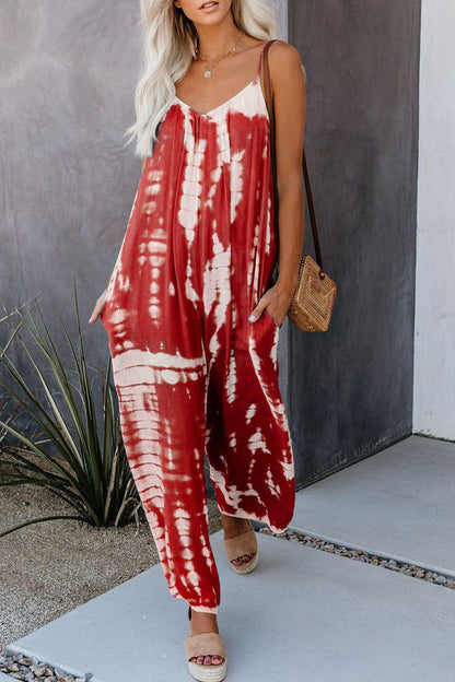 Casual Patchwork Tie-dye Spaghetti Strap Straight Jumpsuits (10 Farben)