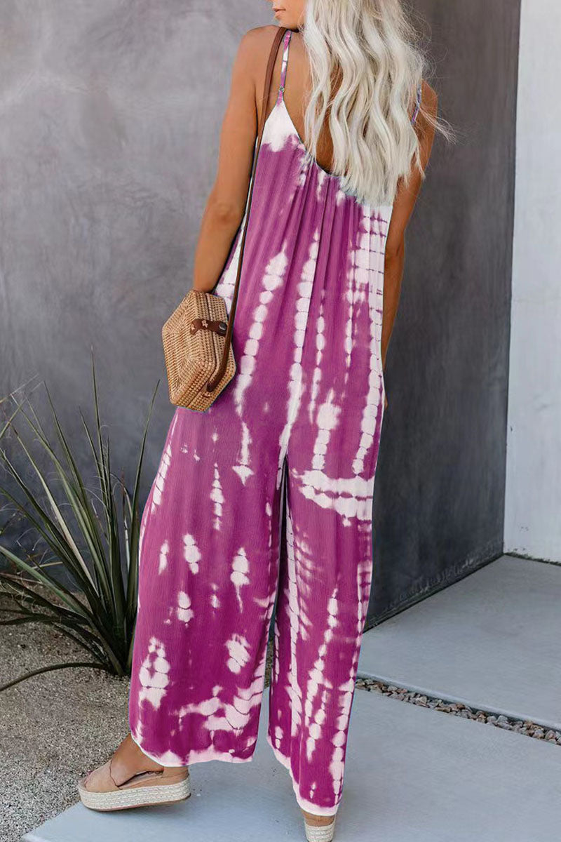 Casual Patchwork Tie-dye Spaghetti Strap Straight Jumpsuits (10 Farben)