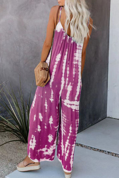 Casual Patchwork Tie-dye Spaghetti Strap Straight Jumpsuits (10 Farben)