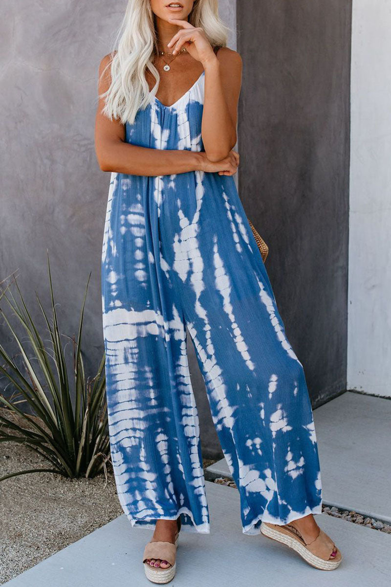 Casual Patchwork Tie-dye Spaghetti Strap Straight Jumpsuits (10 Farben)