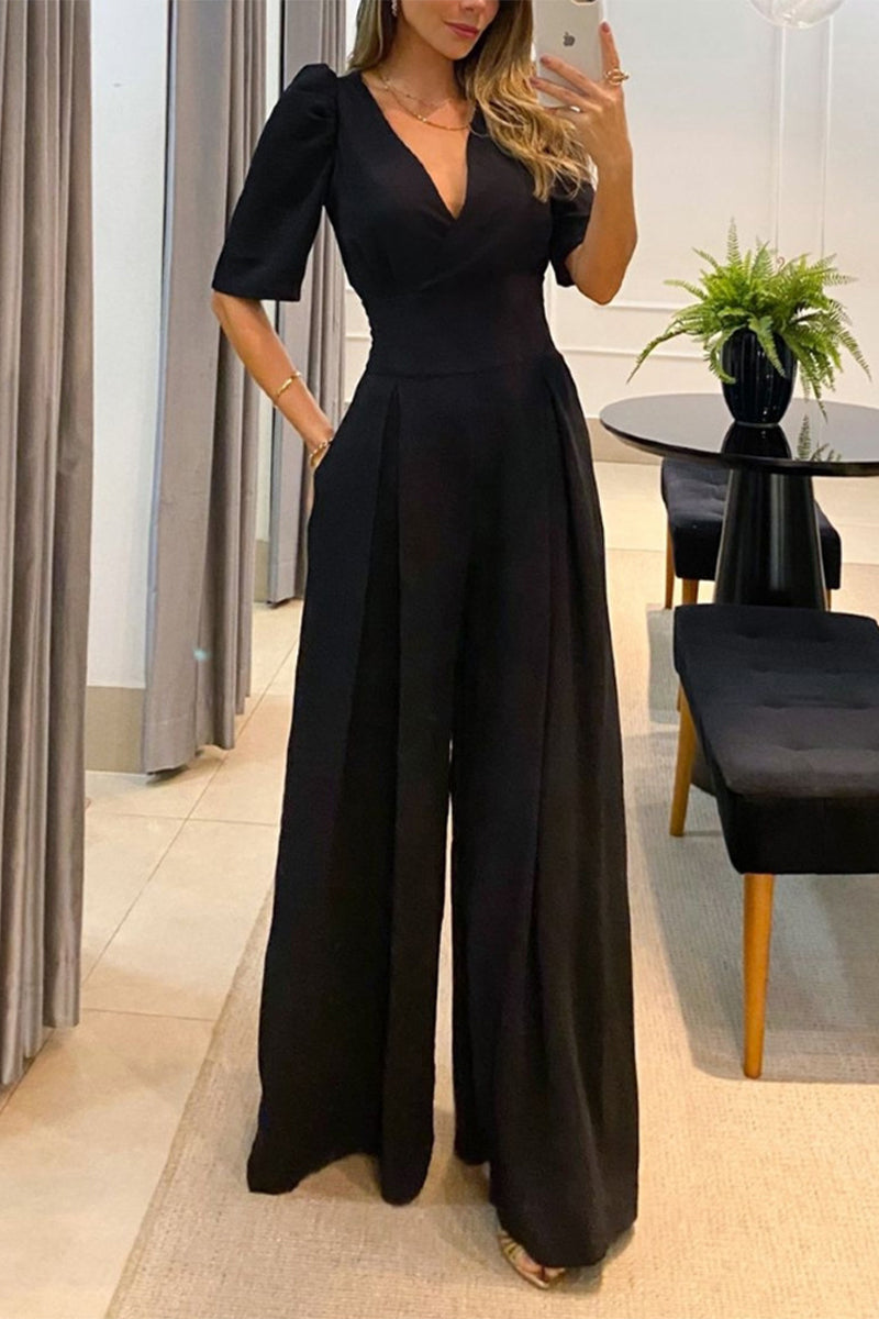 Casual einfarbige Jumpsuits mit V-Ausschnitt (3 Farben)