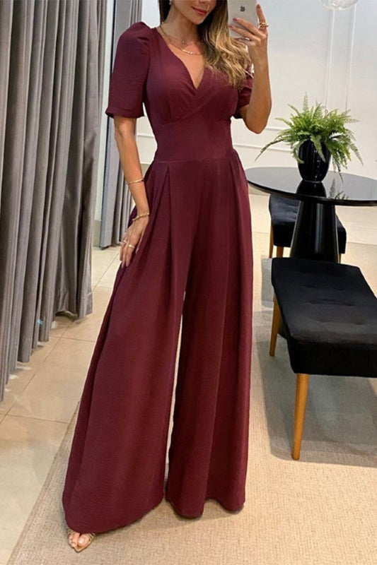 Casual einfarbige Jumpsuits mit V-Ausschnitt (3 Farben)