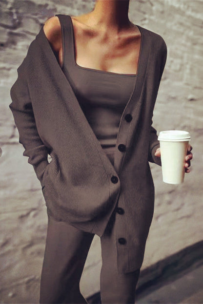 Casual Solid Cardigan Vest Hose Square Collar Long Sleeves Dreiteiliges Set (3 Farben)