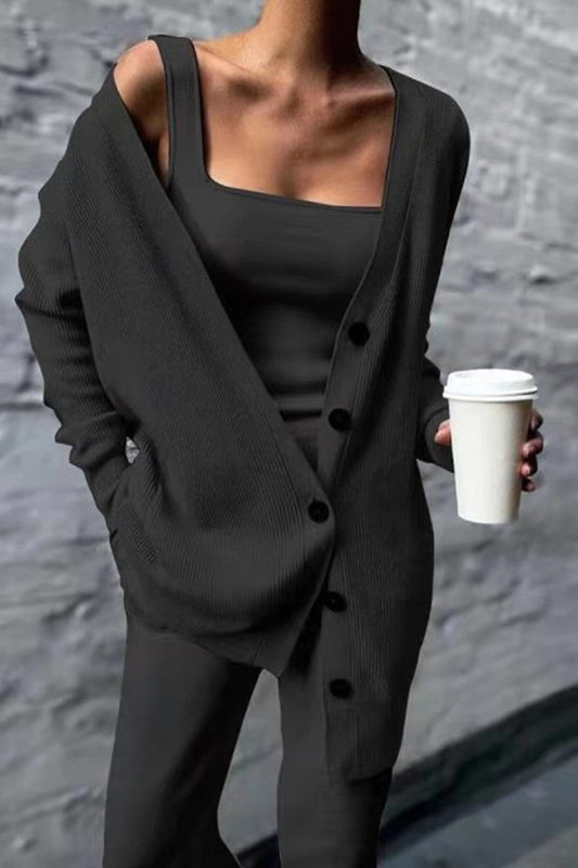 Casual Solid Cardigan Vest Hose Square Collar Long Sleeves Dreiteiliges Set (3 Farben)