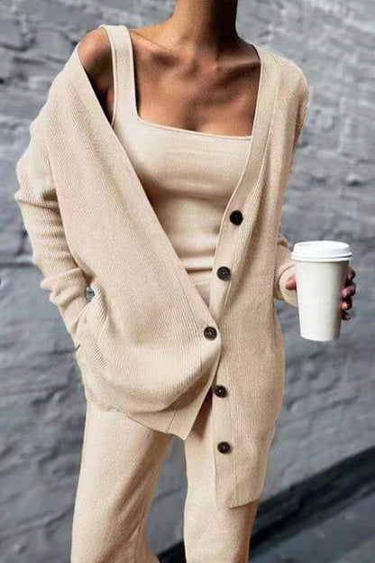 Casual Solid Cardigan Vest Hose Square Collar Long Sleeves Dreiteiliges Set (3 Farben)