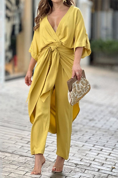 Casual Solid Frenulum V Neck Regular Jumpsuits (3 Farben)