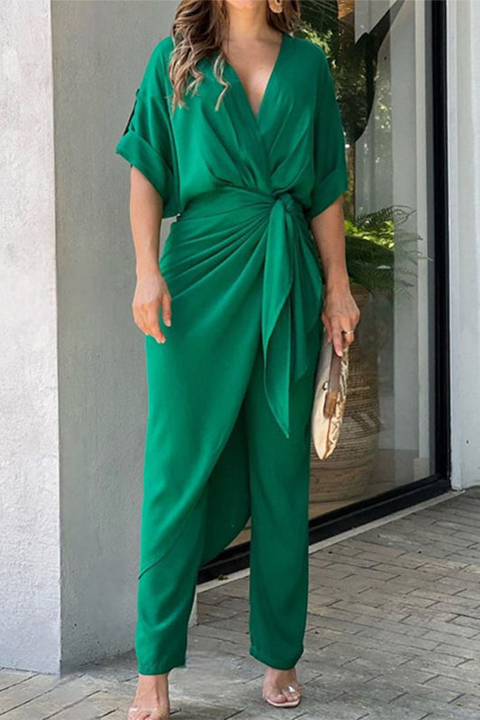 Casual Solid Frenulum V Neck Regular Jumpsuits (3 Farben)