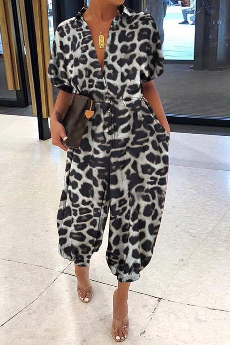 Plus Size Casual Vintage Leopard Frenulum Print Lose Jumpsuits