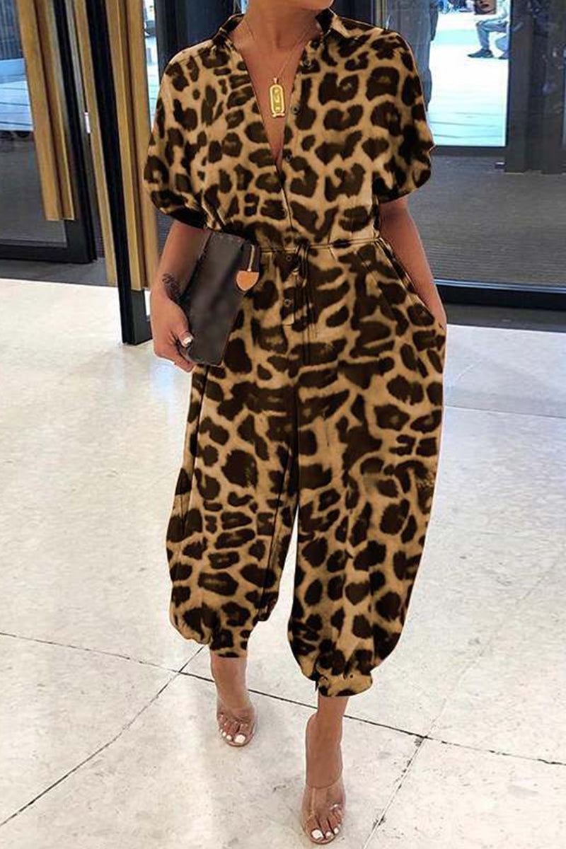 Plus Size Casual Vintage Leopard Frenulum Print Lose Jumpsuits