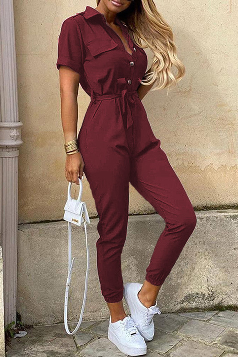 Casual Everyday Solid Frenulum mit Gürtel Umlegekragen Regular Jumpsuits(10 Farben)