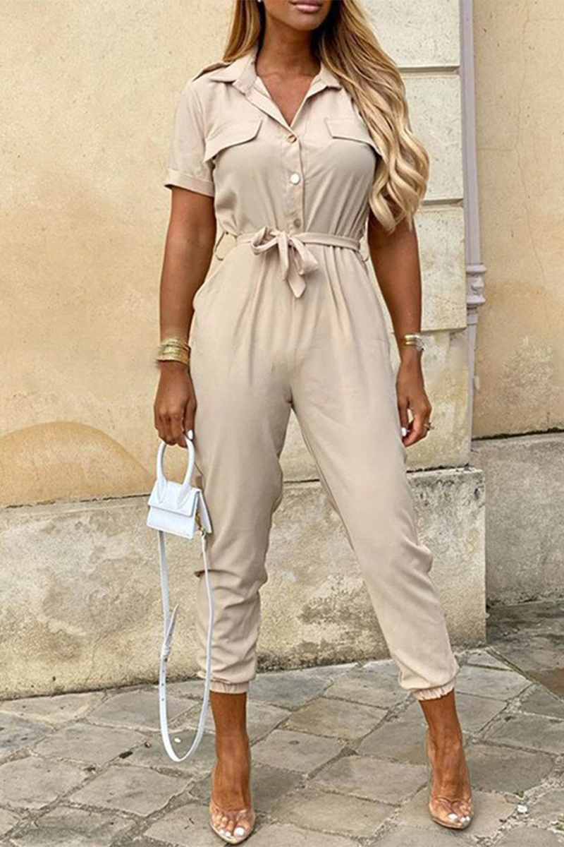 Casual Everyday Solid Frenulum mit Gürtel Umlegekragen Regular Jumpsuits(10 Farben)
