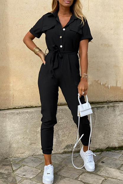 Casual Everyday Solid Frenulum mit Gürtel Umlegekragen Regular Jumpsuits(10 Farben)