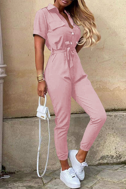Casual Everyday Solid Frenulum mit Gürtel Umlegekragen Regular Jumpsuits(10 Farben)