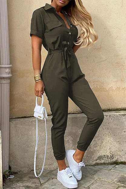 Casual Everyday Solid Frenulum mit Gürtel Umlegekragen Regular Jumpsuits(10 Farben)