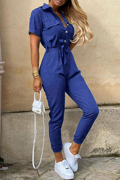 Casual Everyday Solid Frenulum mit Gürtel Umlegekragen Regular Jumpsuits(10 Farben)