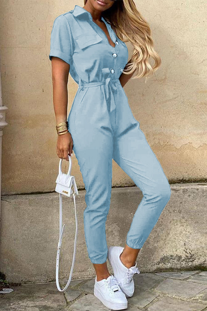 Casual Everyday Solid Frenulum mit Gürtel Umlegekragen Regular Jumpsuits(10 Farben)