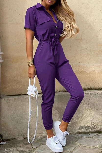 Casual Everyday Solid Frenulum mit Gürtel Umlegekragen Regular Jumpsuits(10 Farben)