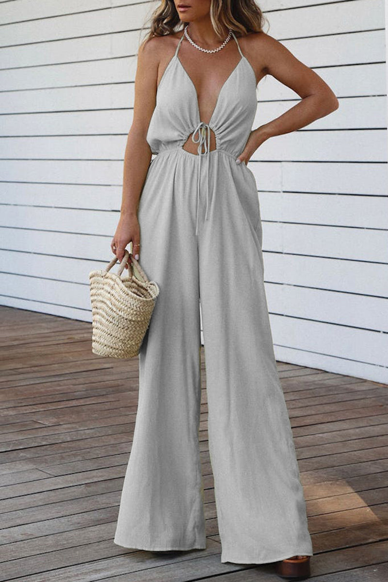 Casual Solid Backless V Neck Regular Jumpsuits (3 Farben)