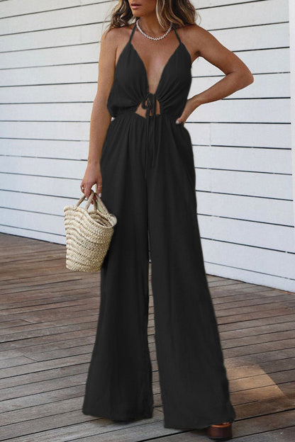Casual Solid Backless V Neck Regular Jumpsuits (3 Farben)