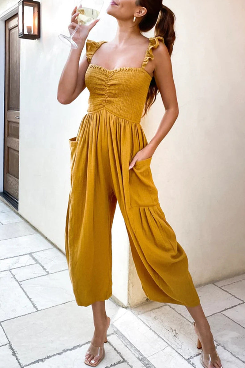 Casual Street Solid Patchwork Tasche Spaghetti Strap Straight Jumpsuits (4 Farben)