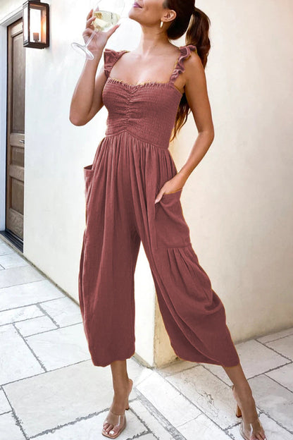 Casual Street Solid Patchwork Tasche Spaghetti Strap Straight Jumpsuits (4 Farben)