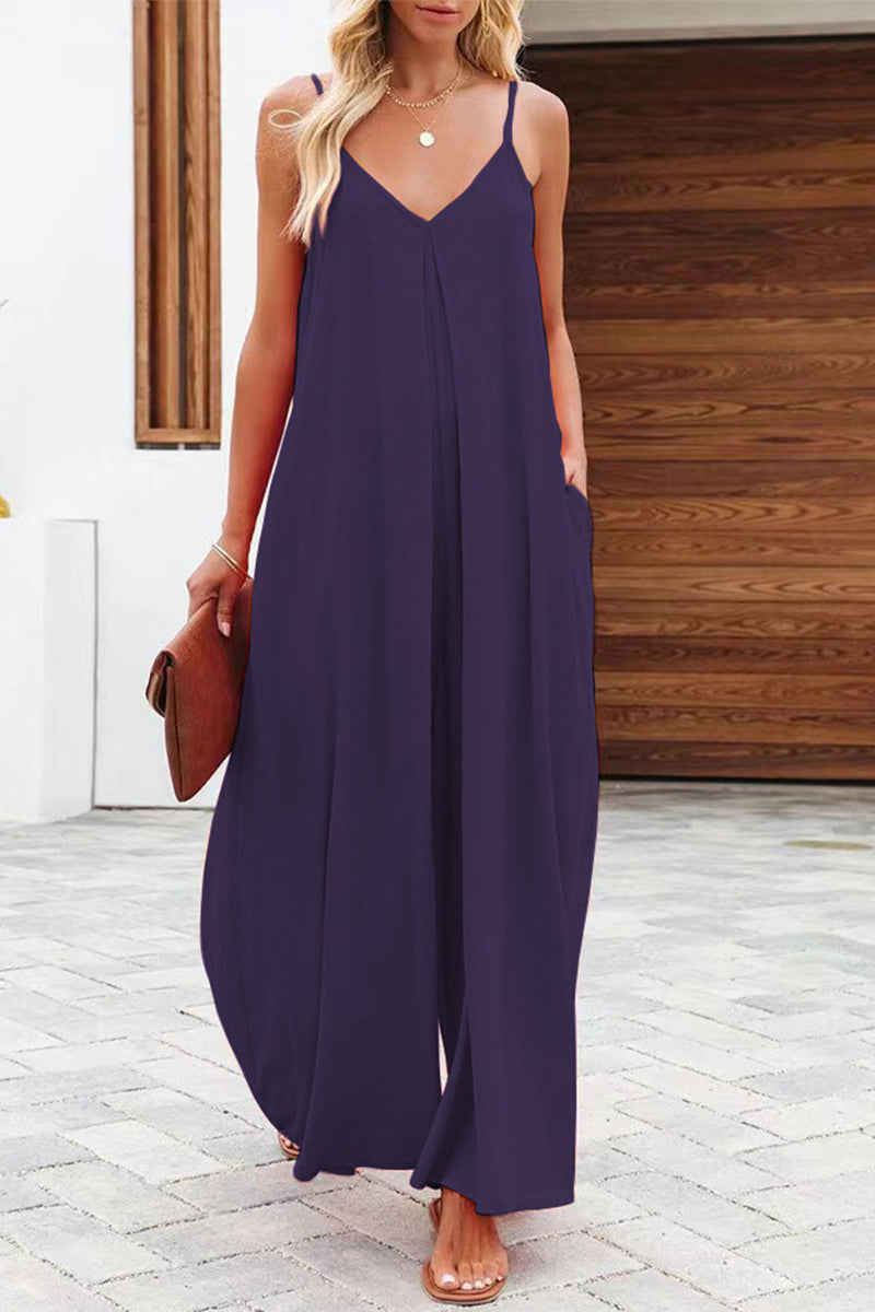 Lässige einfarbige Jumpsuits mit V-Ausschnitt (6 Farben)