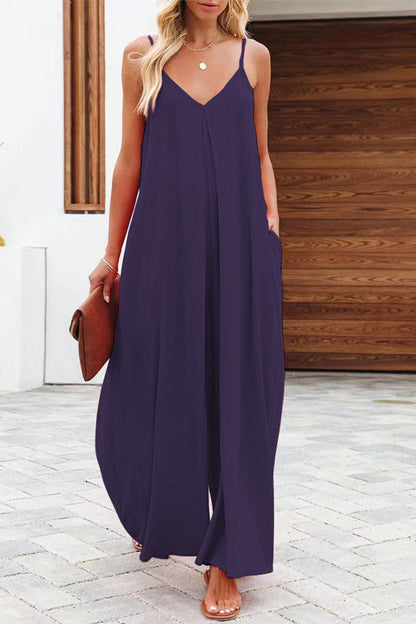 Lässige einfarbige Jumpsuits mit V-Ausschnitt (6 Farben)