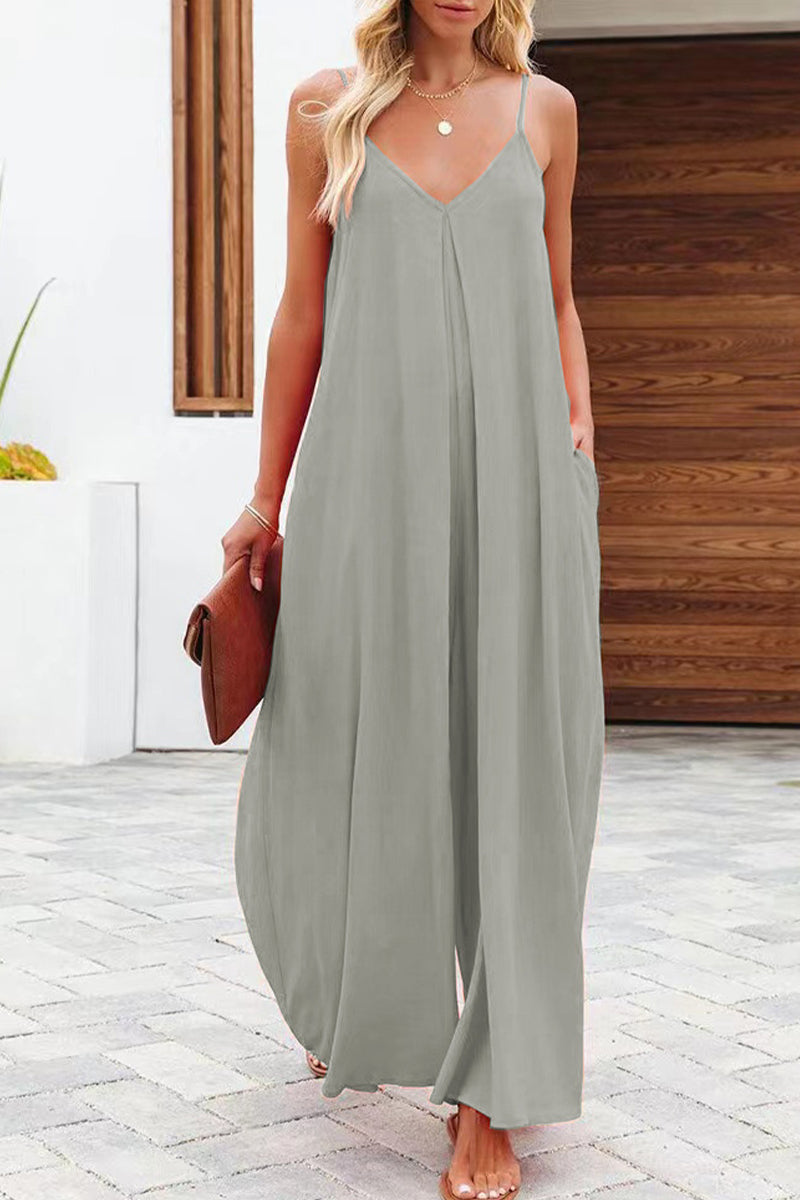 Lässige einfarbige Jumpsuits mit V-Ausschnitt (6 Farben)
