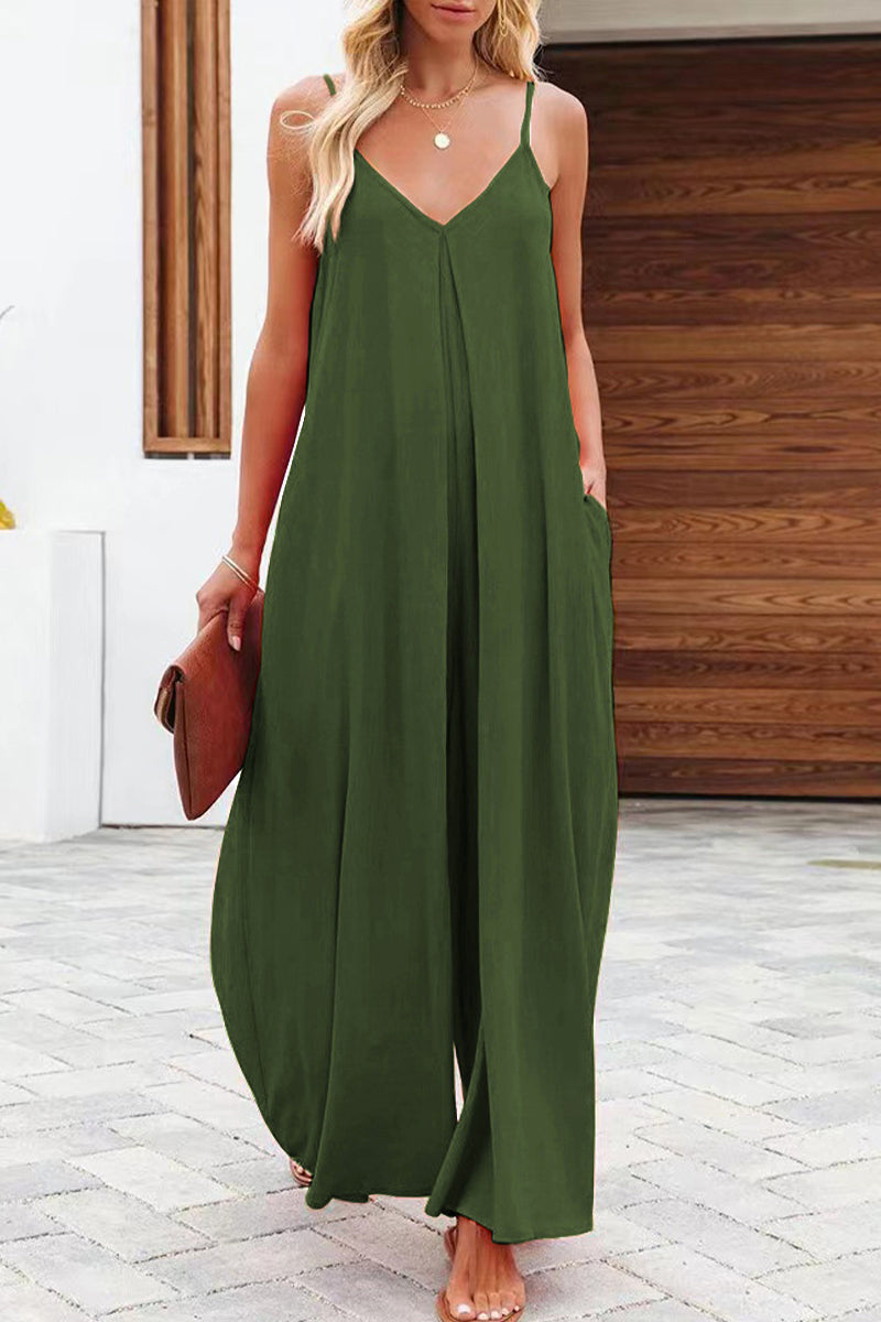 Lässige einfarbige Jumpsuits mit V-Ausschnitt (6 Farben)