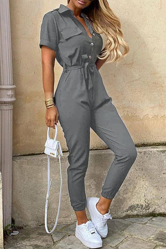 Casual Everyday Solid Frenulum mit Gürtel Umlegekragen Regular Jumpsuits(10 Farben)