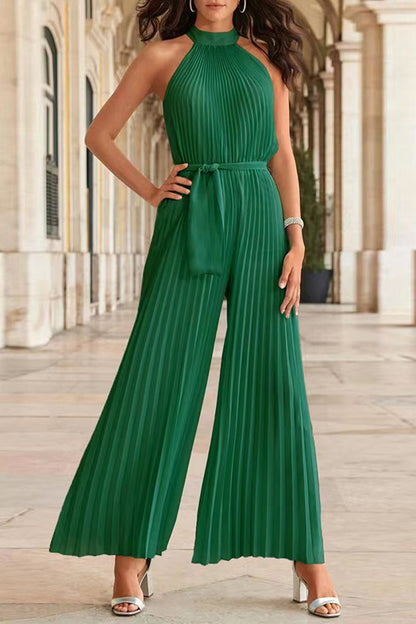 Simplicity Solid Frenulum Pleat Halter Loose Jumpsuits (6 Farben)