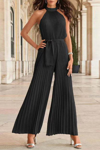 Simplicity Solid Frenulum Pleat Halter Loose Jumpsuits (6 Farben)