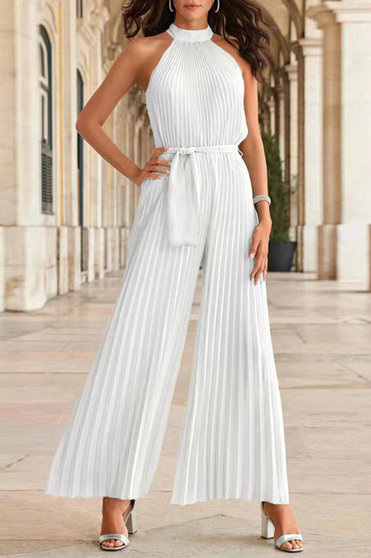 Simplicity Solid Frenulum Pleat Halter Loose Jumpsuits (6 Farben)