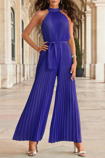 Simplicity Solid Frenulum Pleat Halter Loose Jumpsuits (6 Farben)