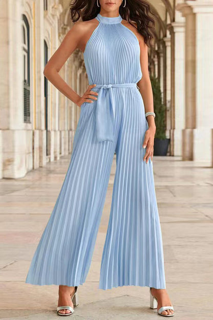Simplicity Solid Frenulum Pleat Halter Loose Jumpsuits (6 Farben)