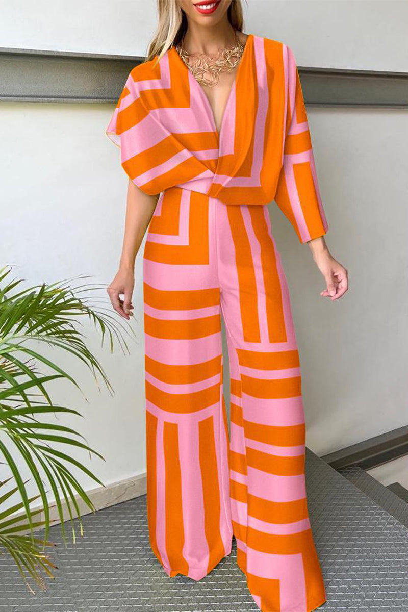 Casual Sportswear Druck Patchwork Asymmetrischer V-Ausschnitt Gerade Jumpsuits