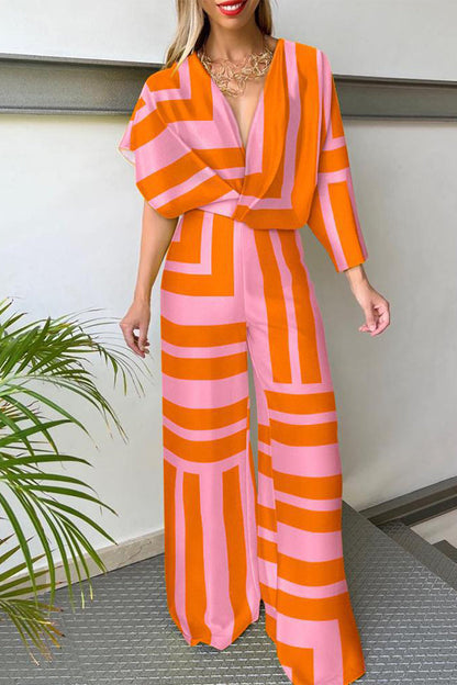 Casual Sportswear Druck Patchwork Asymmetrischer V-Ausschnitt Gerade Jumpsuits