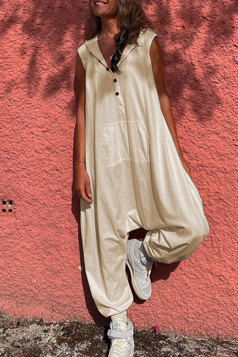 Casual Sportswear Feststofftaschen mit Kapuzenkragen Gerade Jumpsuits (3 Farben)