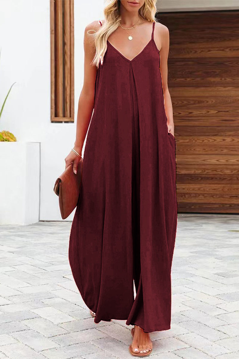 Lässige einfarbige Jumpsuits mit V-Ausschnitt (6 Farben)
