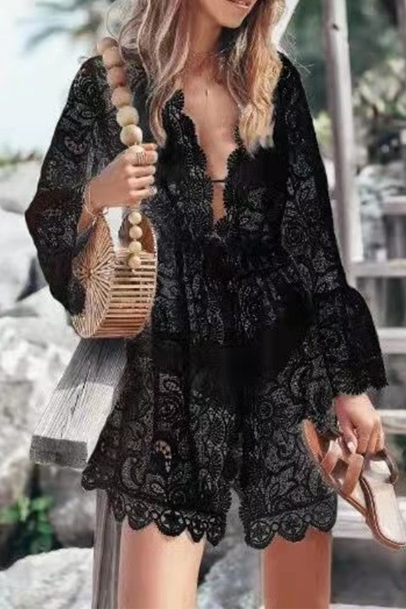 Casual holiday solid lace embroidered swimming costumes Cover Up