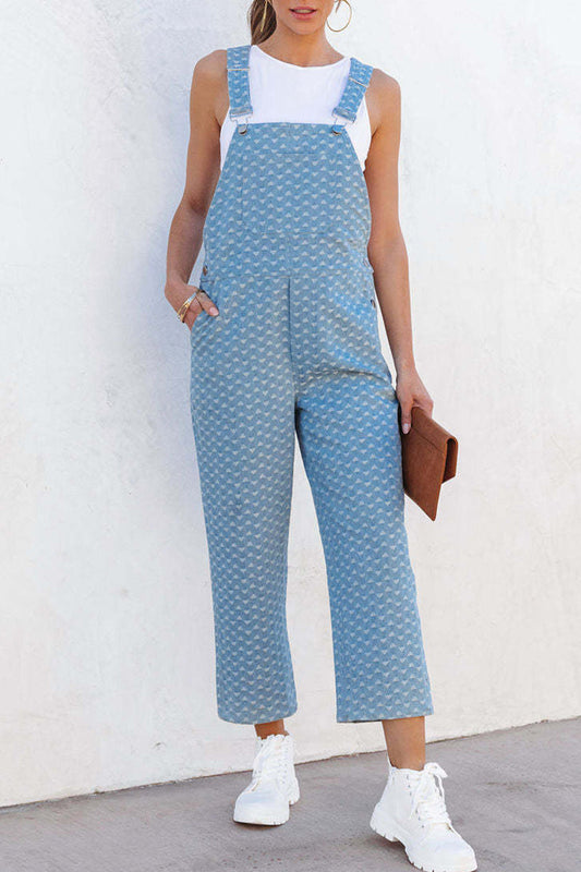 Street Print Tasche Quadratkragen ärmellose lockere Denim-Jumpsuits
