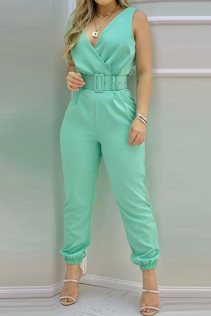 Sexy Lounging Solid Rückenfrei mit Riemen V-Ausschnitt Regular Jumpsuits