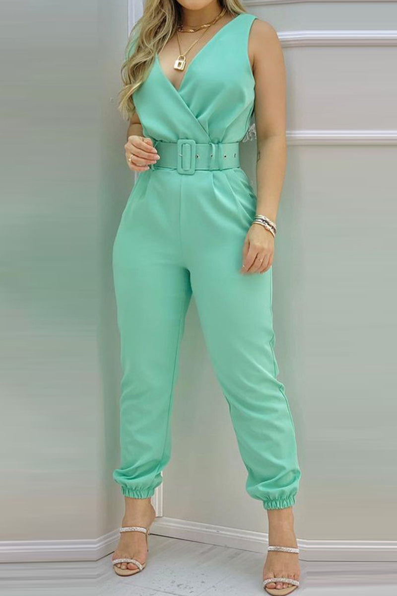 Sexy Casual Solid Rückenfrei mit Riemen V-Ausschnitt Regular Jumpsuits