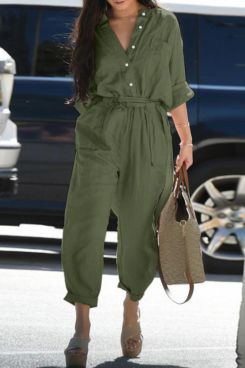 Casual Everyday Solid Frenulum Turn-down Collar Regular Jumpsuits (3 Farben)