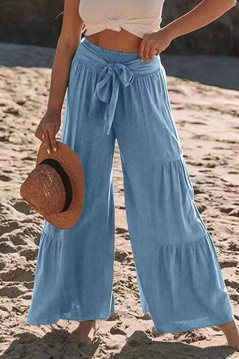 Casual Holiday Solid Bandage Pleats Loose High Waist Wide Leg Solid Colour Trousers